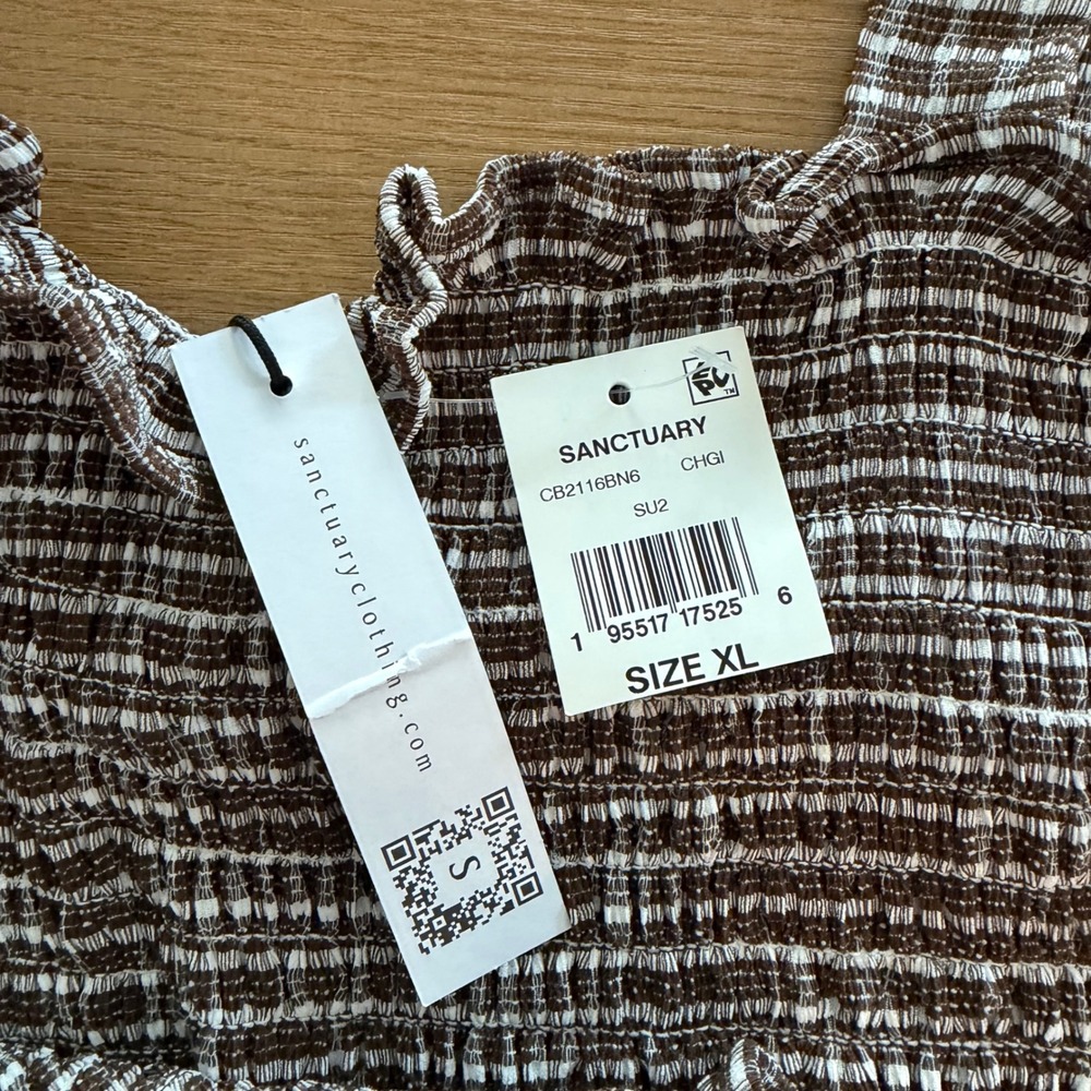 Sanctuary Smocked Gingham Tank Top Brown White Ruffle‎ XL CB2116BN6 - Picture 5 of 9